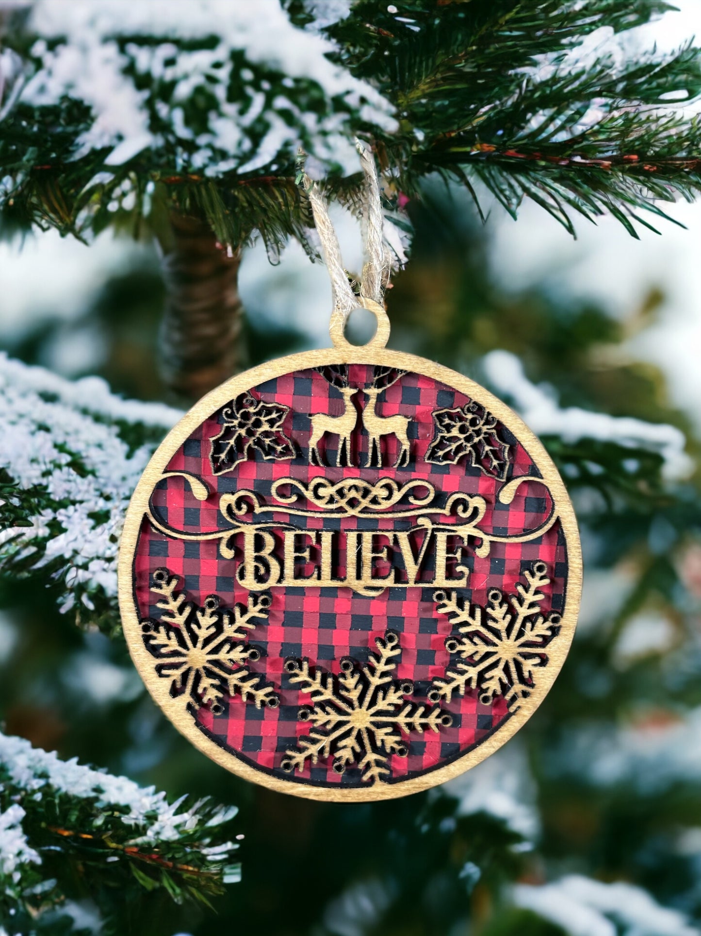Believe Buffalo Plaid Wood Ornament