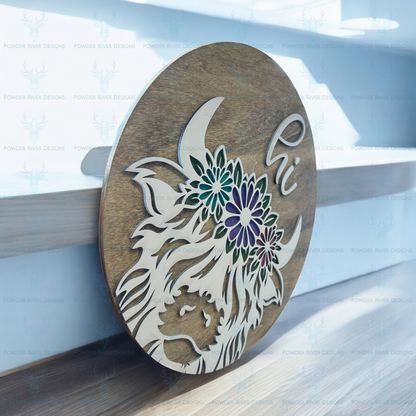Highland Cow Round Wood Sign