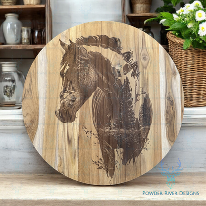Horse w/Beautiful Forest Scene Teak Wood Charcuterie Board