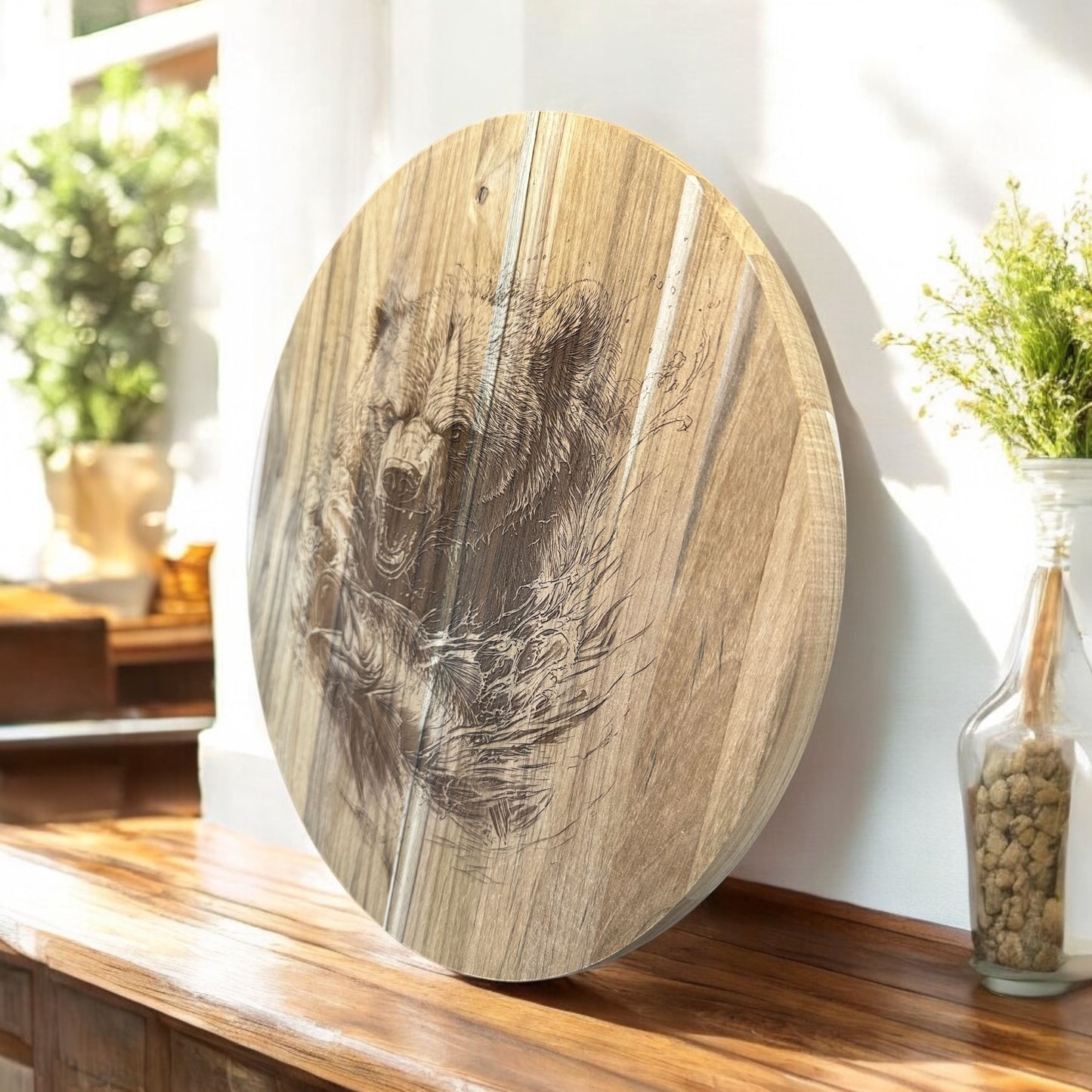 Grizzly Catching Fish Teak Charcuterie Board
