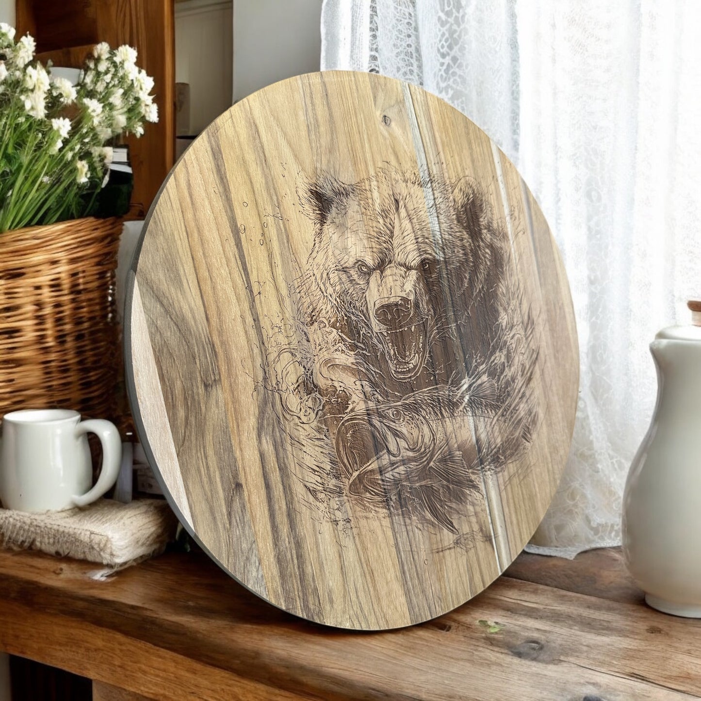 Grizzly Catching Fish Teak Charcuterie Board