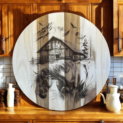 Horse and Barn Teak Wood Charcuterie/Decor Round