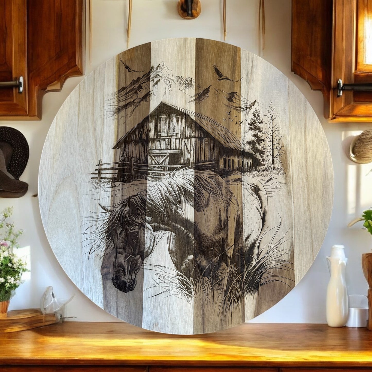 Horse and Barn Teak Wood Charcuterie/Decor Round