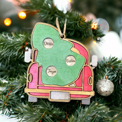 Customizable Red Truck with Names Wood Ornament